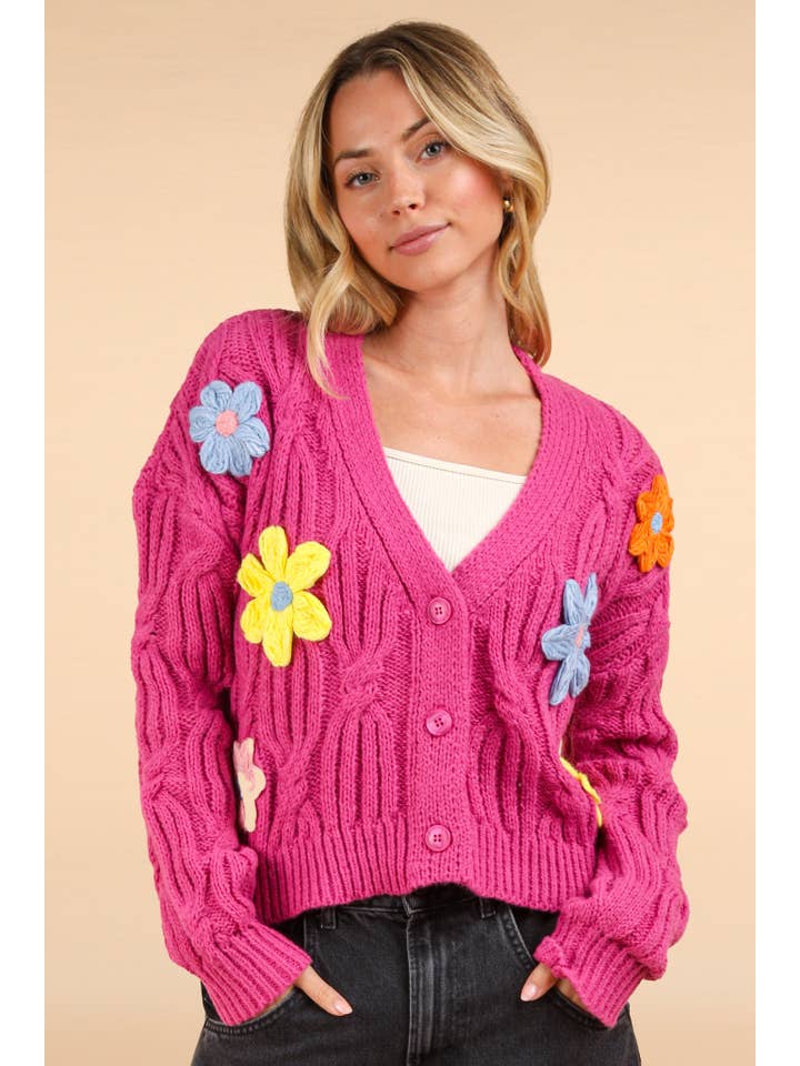 VERY J - Wholesale Cardigan - Women's - 12W3110N-Hand-Made Flower Applique Knit Sweater Cardigan
