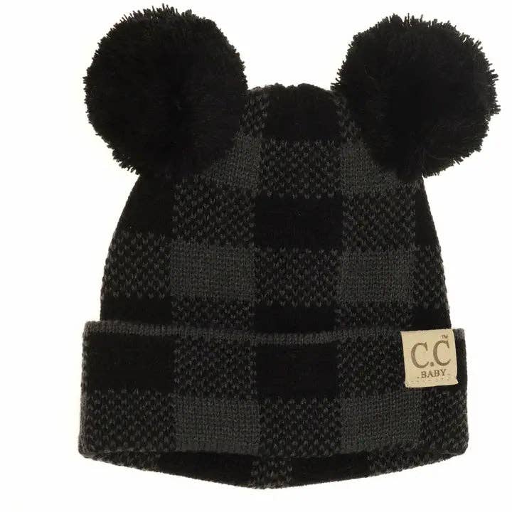C.C Beanie - Vendita all'ingrosso Cappello - Neonati - Berretto con Pom Pom a Quadri Buffalo per Bambini BABY73POMPOM1