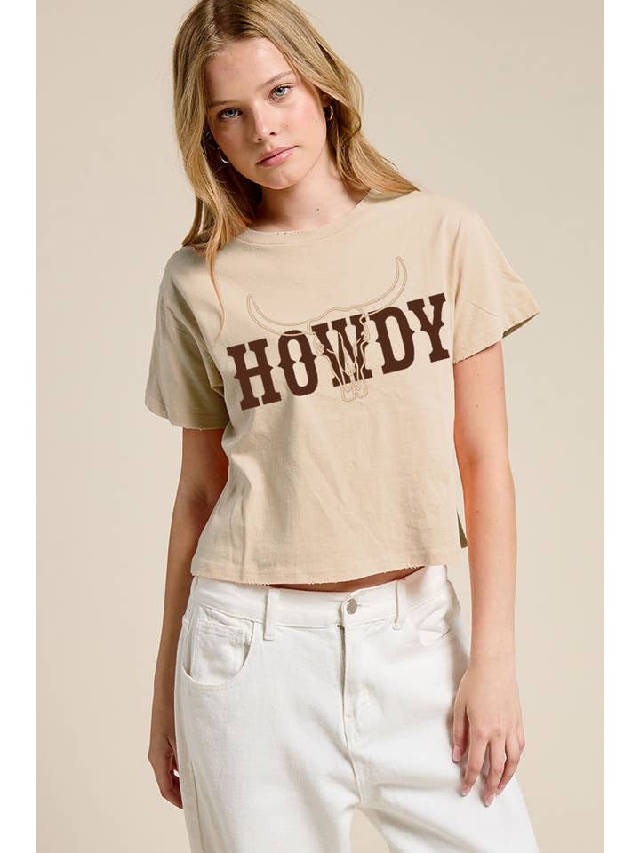 Zutter - Wholesale Screen Printed T-Shirt - Women's - PUFF' Cow Skull Howdy Graphic S/S Seamless Faux Crop2