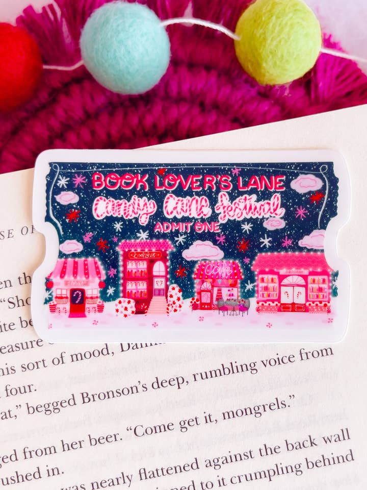 Book Lovers Lane Candy Cane Festival Vinyl Sticker for wholesale by Emily Cromwell Designs