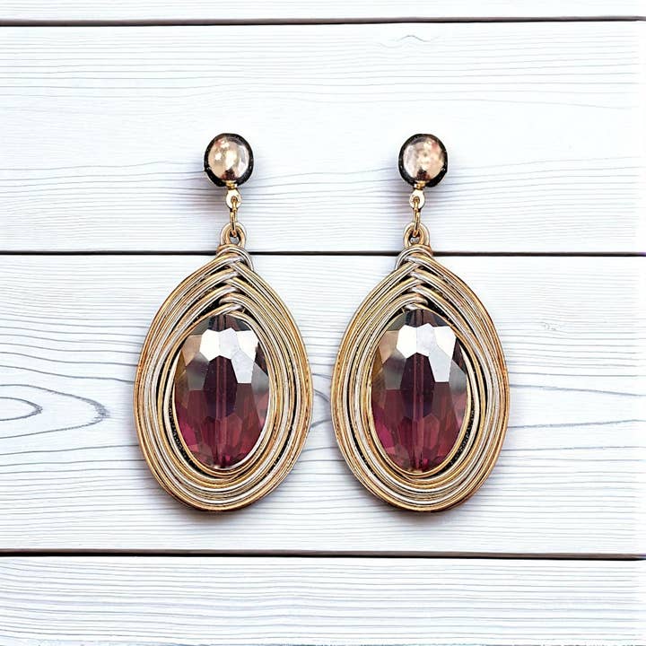Gold Wire Statement Earrings | Artisan | AB Crystal | Boho for wholesale by Bijoux Envie Statement Jewelry