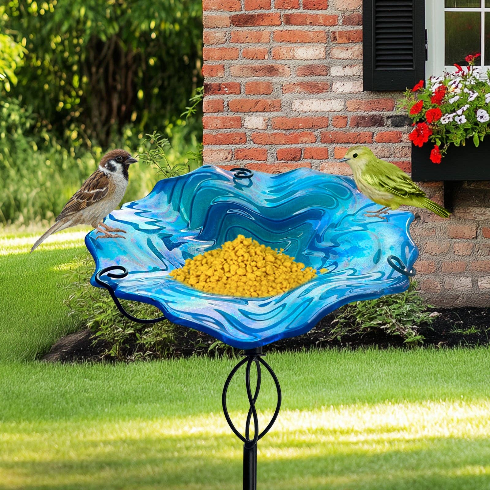 Liffy - Wholesale Bird Bath - Blue Ripple Glass Bird Bath Feeder with Metal Stake1