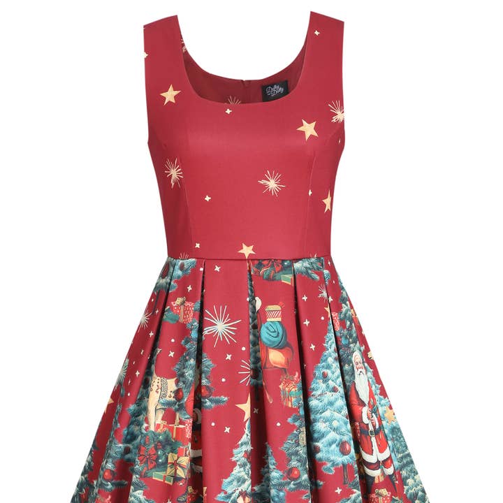 Amanda Crimson Red Christmas Santa Print Dress for wholesale by Dolly & Dotty