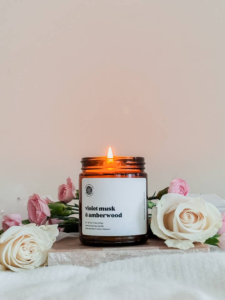 Violet Musk & Amberwood for wholesale by Meadow Candle Studio LLC