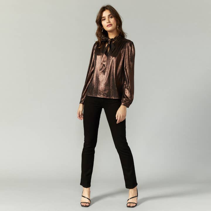 Greylin - Wholesale Blouse - Women's - Elicia Tie Neck Lamé Knit Blouse1