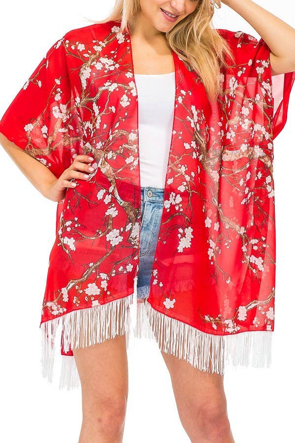 Cap Zone - Wholesale Kimono - Women's - Cherry Blossom Fringed Kimono2