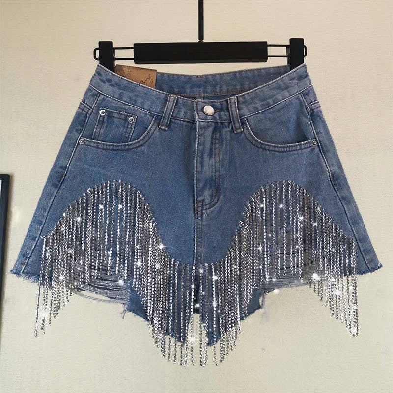 Blue Diamond Fringed Ripped Denim Shorts for wholesale on Faire2