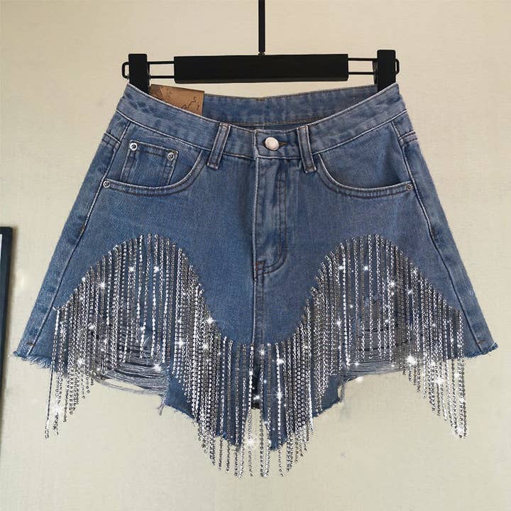 Blue Diamond Fringed Ripped Denim Shorts for wholesale on Faire2