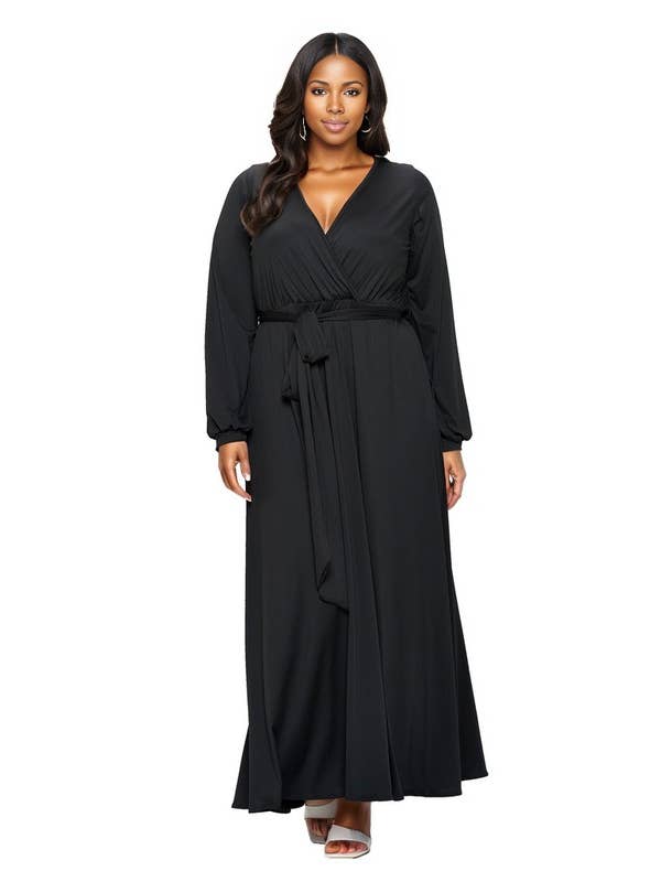J2 FASHION - Wholesale Dress - Women's - Surplice Belted Maxi Dress