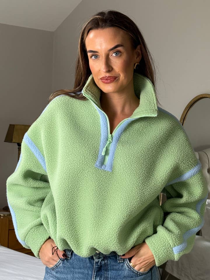 Lulu Kontrastbindning 1/4 Dragkedja Fleece Salvia för wholesale av Girl In Mind