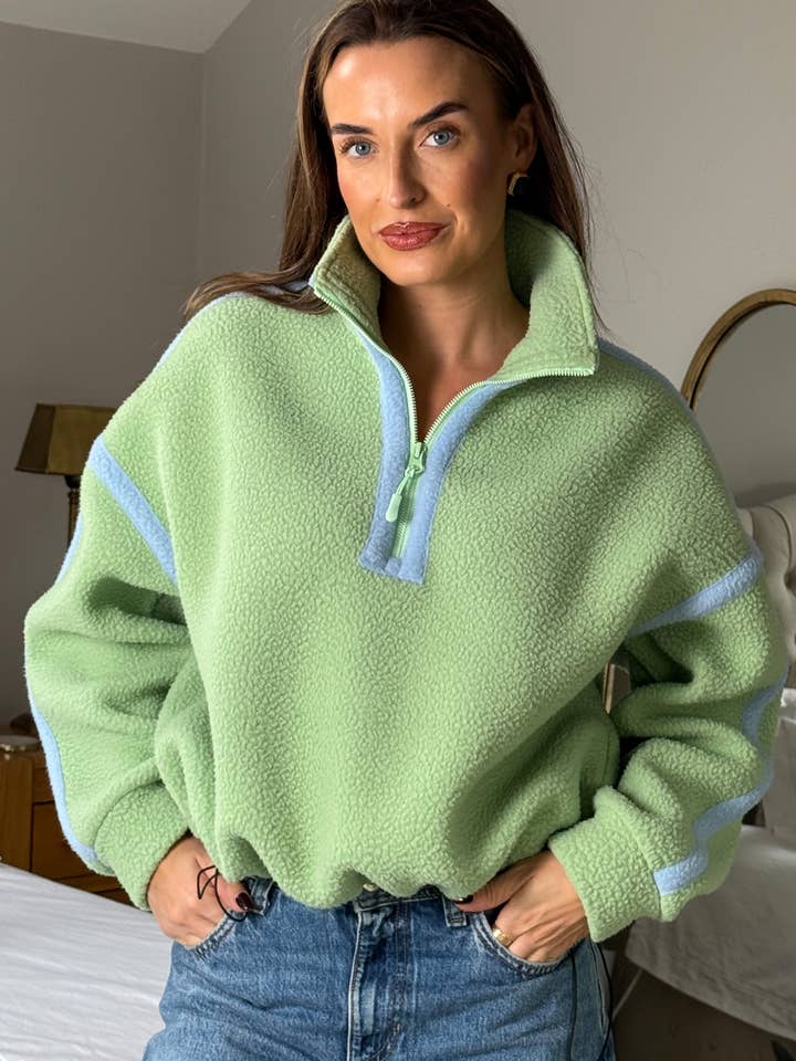 Lulu Contrast Binding 1/4 Zip Fleece Sage for wholesale by Girl in mind