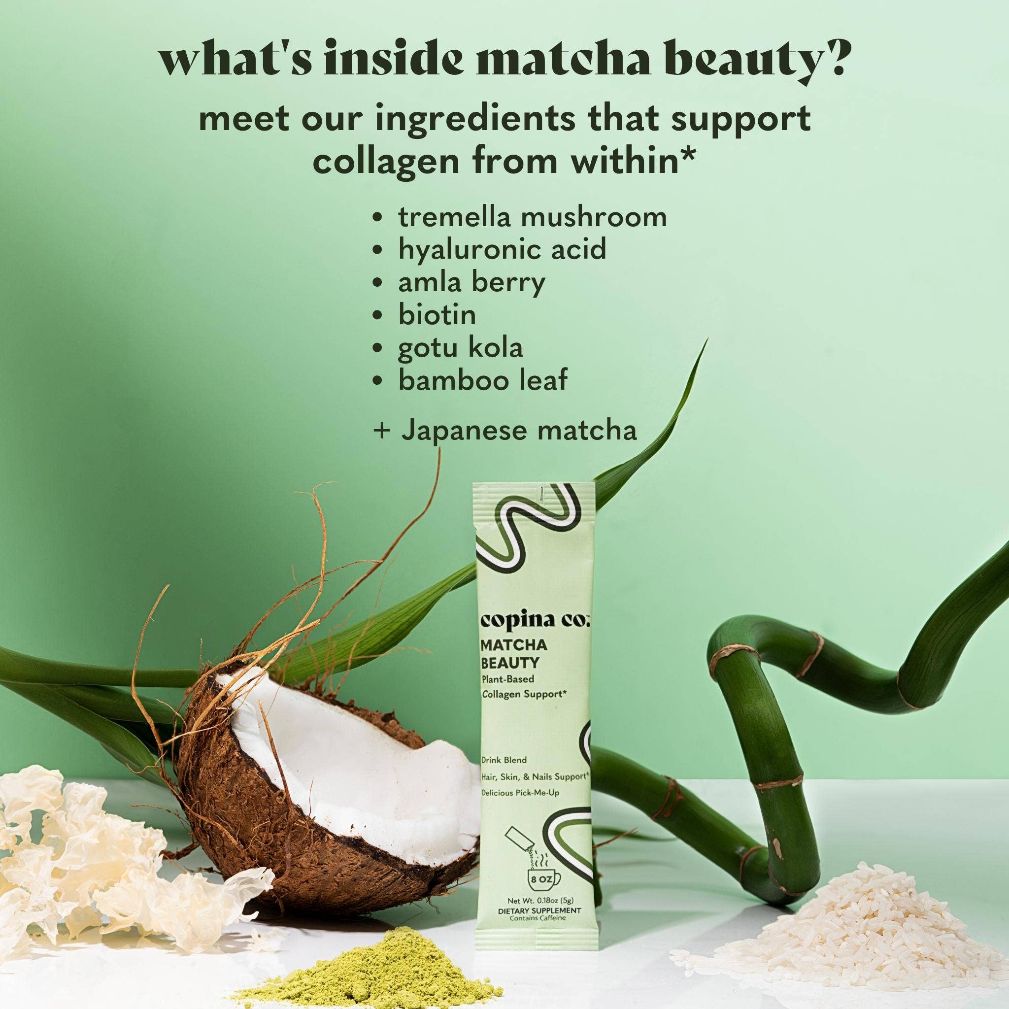 Copina Co. - Wholesale Powdered Health Drink - Matcha Plant-Based Collagen Boost Latte Stick Packs2