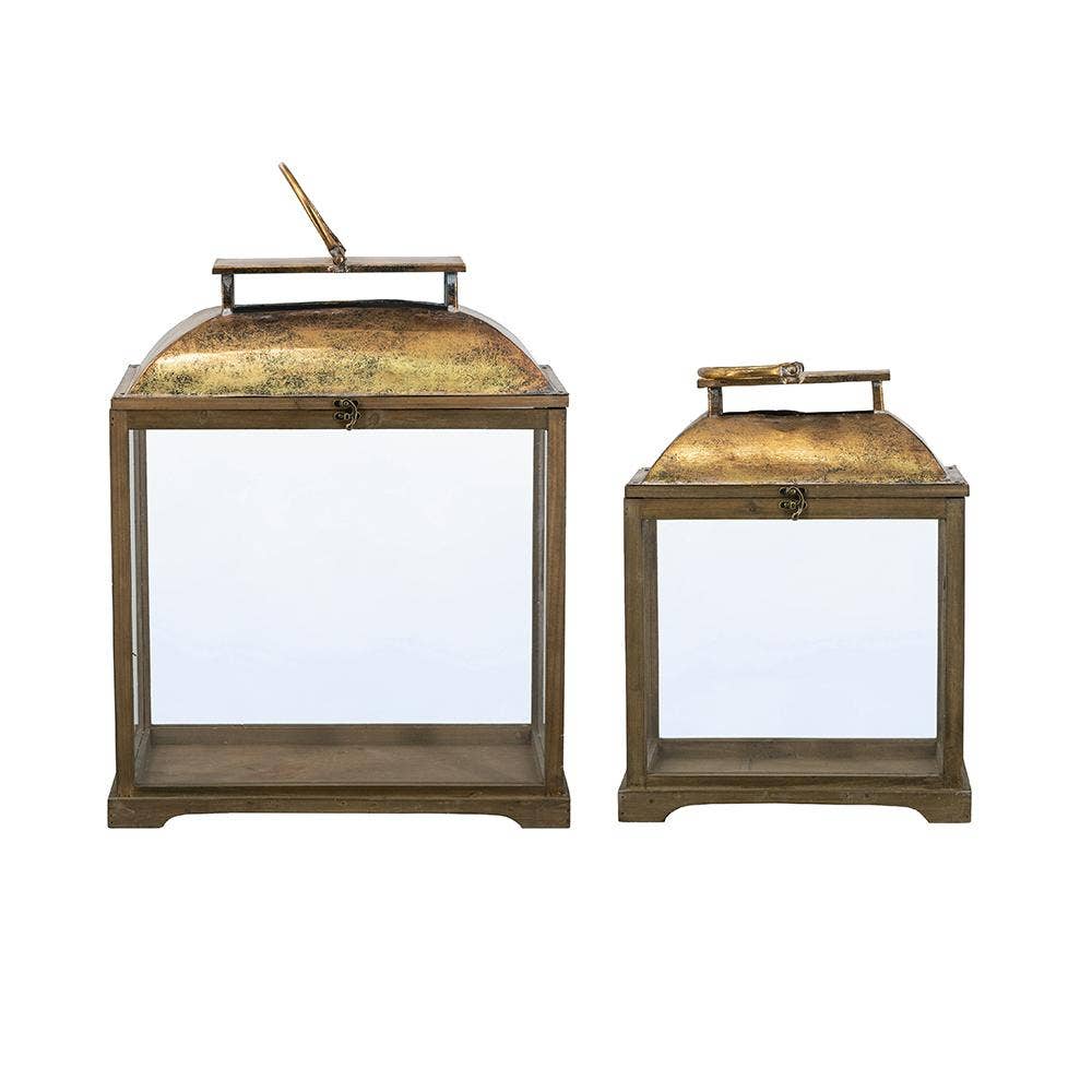 A&B Home Group Inc. - Wholesale Lantern - S/2 Brown Wooden Lanterns with Clear Glass Panels 22.5"/17"4