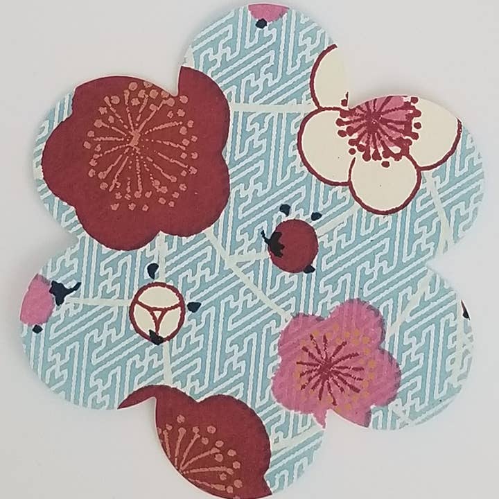 062 Red, Pink Plum Blossoms on Sky Sayagata Chiyogami for wholesale by Sweet Space Studio