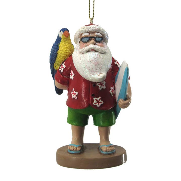 Surfing Santa with Parrot 3.75" Resin Christmas Ornament for wholesale by CB Home Collection