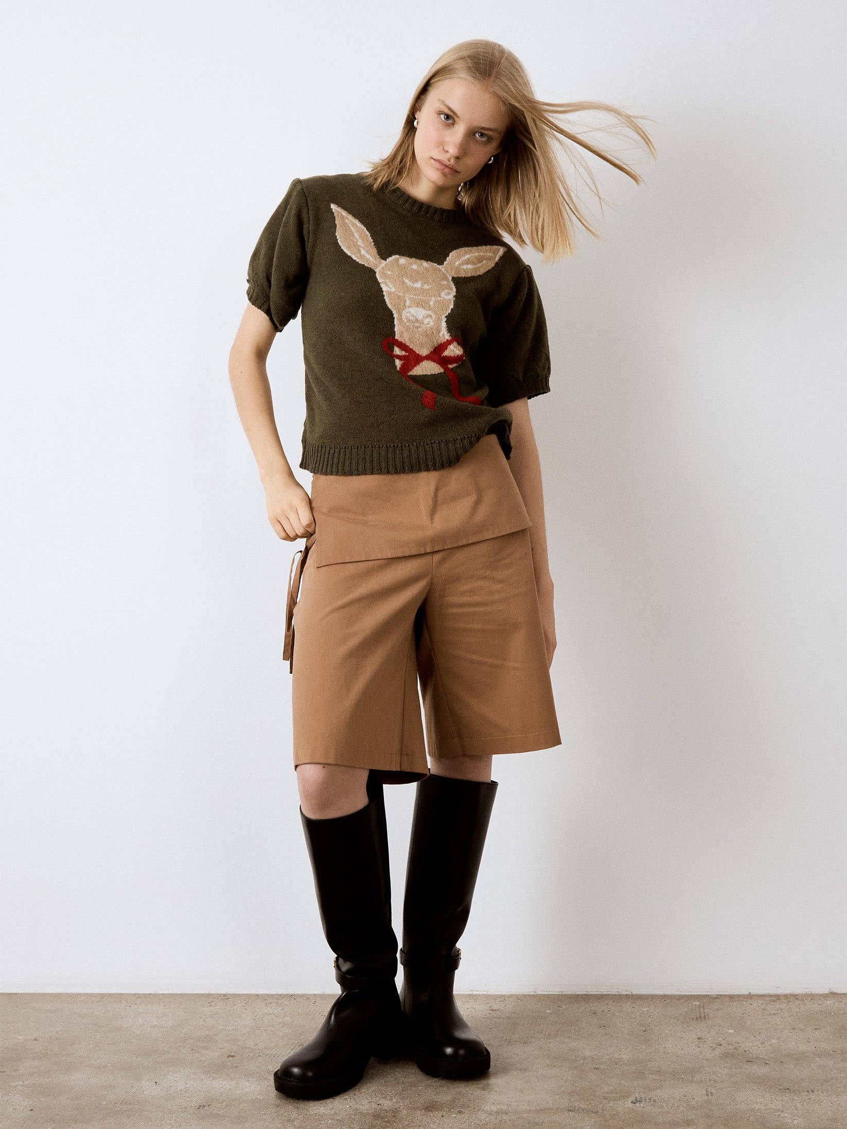 CARMEN SAYS - Wholesale Knit Sweater - Women's - Deer Print Knit Puff Sleeve Sweater6