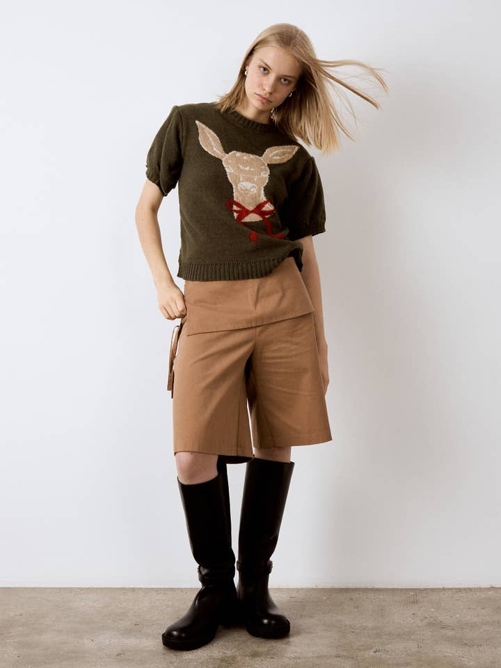 CARMEN SAYS - Wholesale Knit Sweater - Women's - Deer Print Knit Puff Sleeve Sweater6