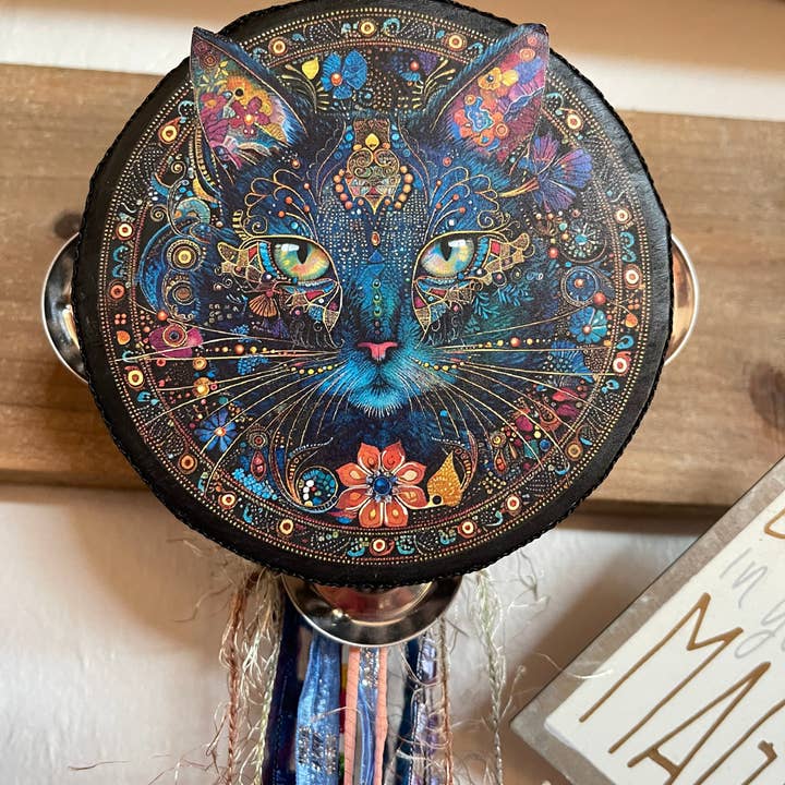 Charmed Mystical Cat 4" Tambourine with Ribbon and Charm for wholesale by Bodhi Leaf Market
