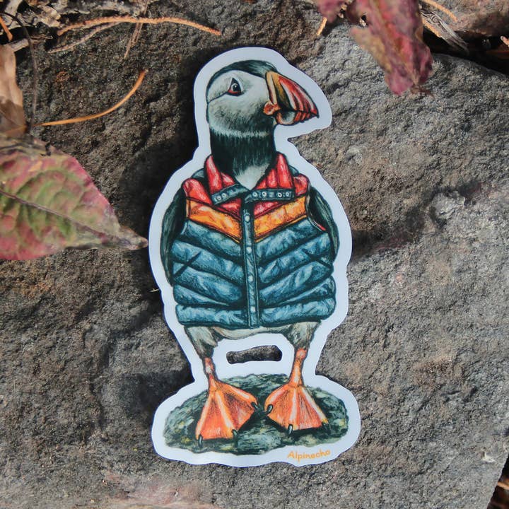Puffin in a Puffer Sticker for wholesale by Alpinecho