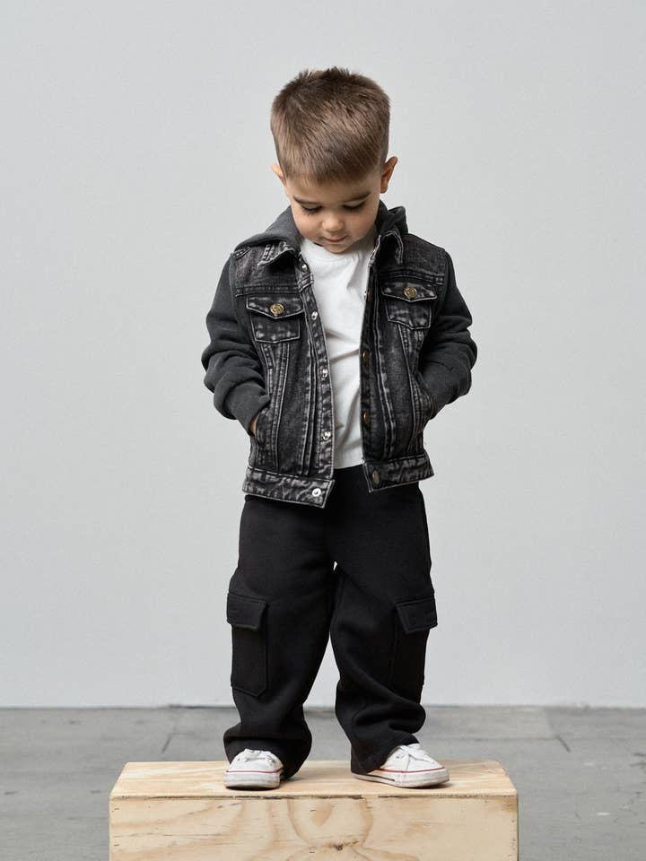 Little Bipsy - Wholesale Denim Jacket - Kids - Washed Hooded Denim Jacket - Black4