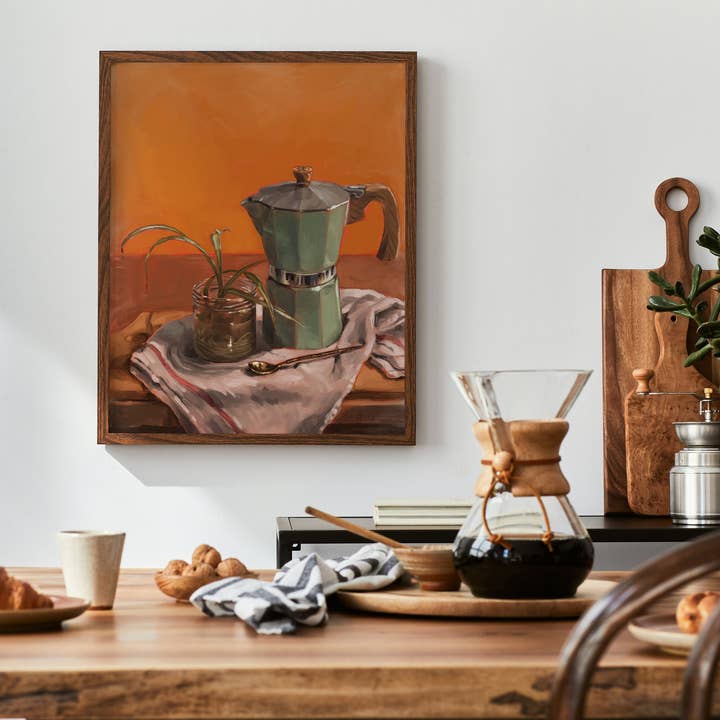 The Ugly Cat Studio - Wholesale Art Print - Moka Pot and Spider Plant Still Life Fine Art Poster Print
