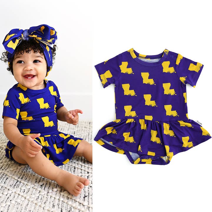 Vestuário de Bamboo para Crianças Menina Bebé (Creche) Tutu Louisiana Roxo & Dourado por atacado de Gigi and Max