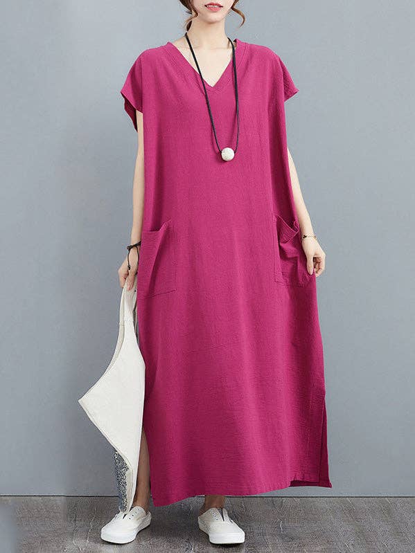 Simple Ramie Cotton Solid Color Split-Side With Pocket V-Neck Short Sleeves Maxi Dress for wholesale by StyleGalX