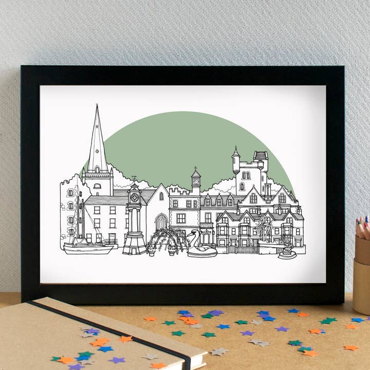 Bangor Northern Ireland Skyline Landmarks Art Print for wholesale by Becka Griffin Illustration
