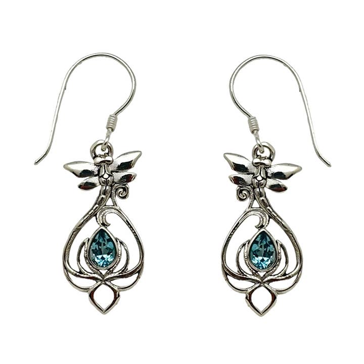 (312BBT) Blue Topaz Silver Dragonfly Earrings for wholesale by Vera Wolf