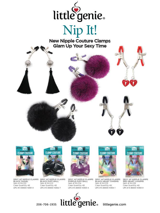 Little Genie Productions - Wholesale Nipple Pasties - Women's - Sexy AF Nipple Clamps- Purple Puff Balls
