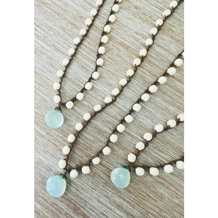 Twist Style - Wholesale Beaded/Pearl Necklace - Faceted Aqua Blue Chalcedony Drop with Czech Crystal