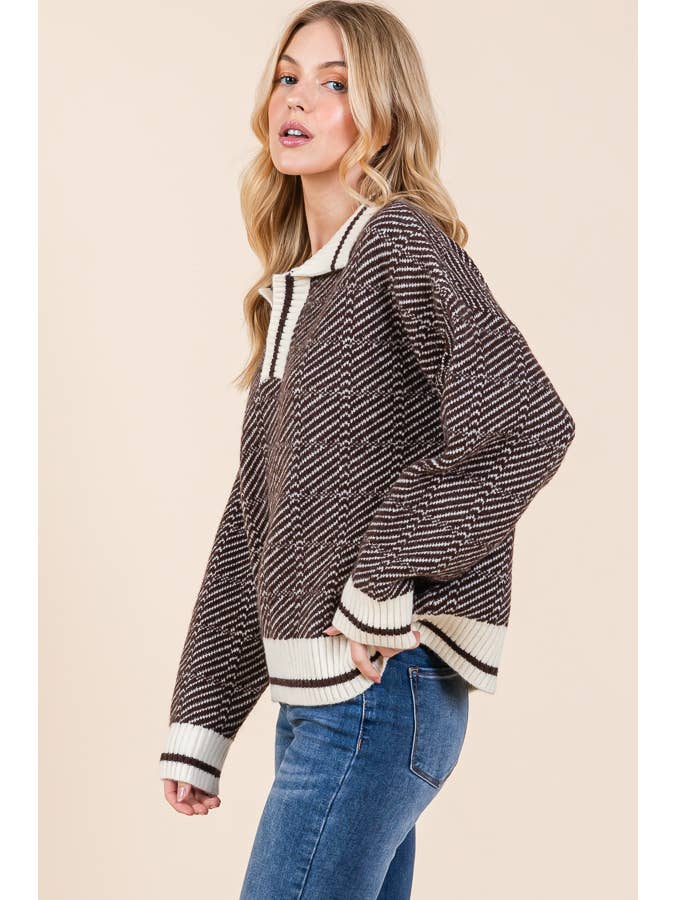 DK Brown Chevron Print Long Sleeve Collared Sweater (2024 FW) for wholesale on Faire