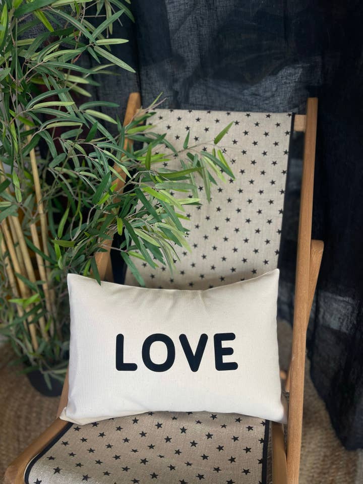 “LOVE” Small Ecru Cotton Cushion for wholesale by Toiles Chics