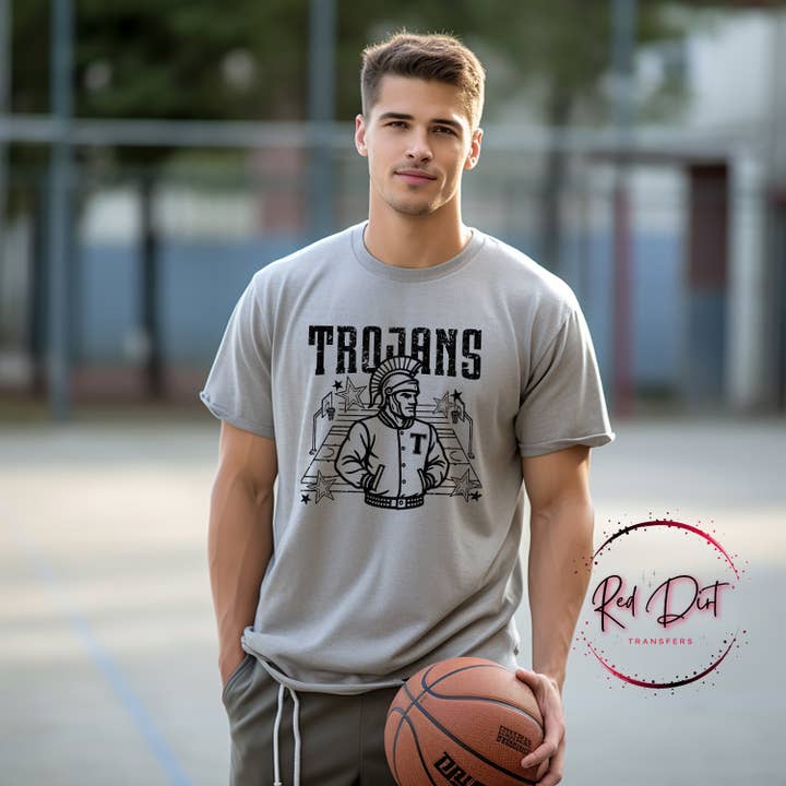 Trojans Basketball Letterman T-Shirt | Trendy School Spirit Shirt | Fast Shipping | Super Soft Shirts for Men/Women/Kid's for wholesale by Red Dirt Transfers