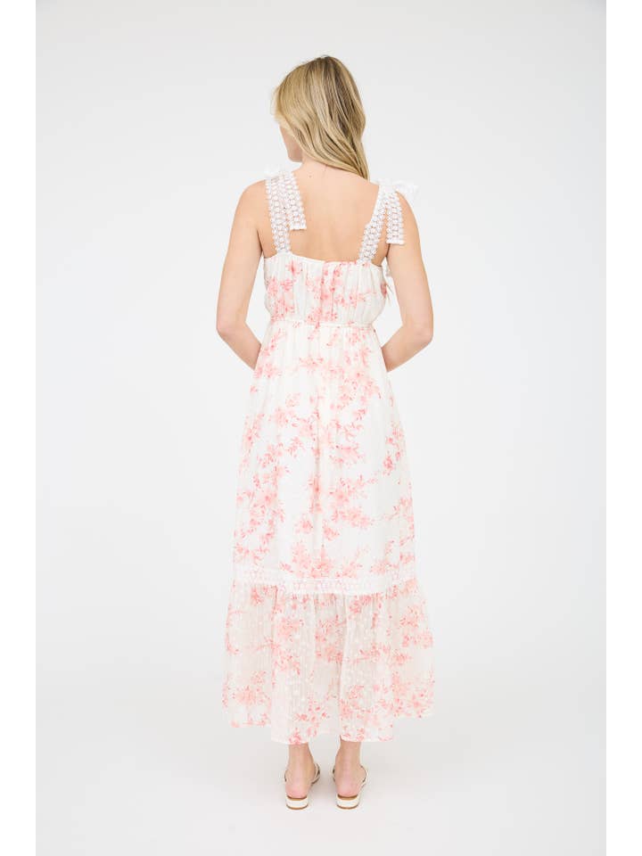 MINE - Wholesale Dress - Women's - POLKA DOT FLORAL EYELET LACE TRIM MIDI DRESS