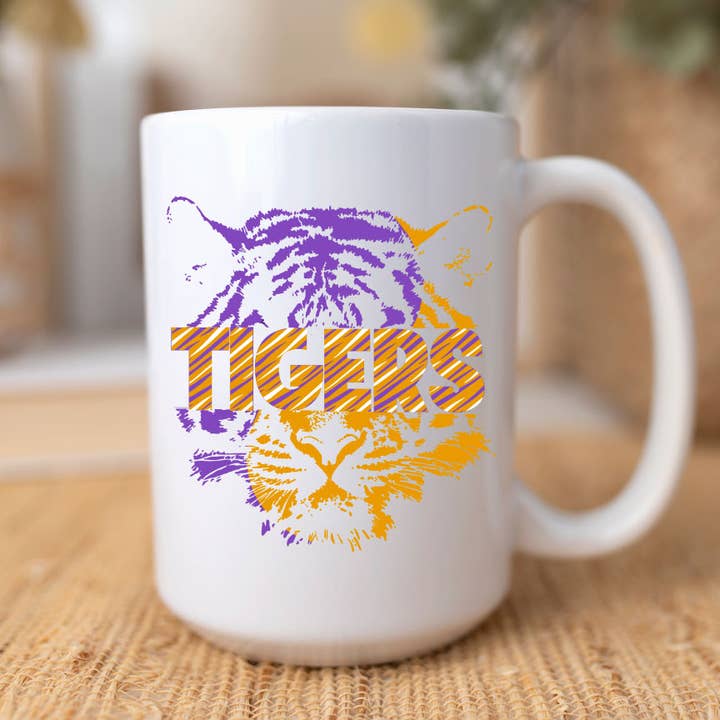 Split Tiger LSU Graphic Coffee Mug for wholesale by Pink House On River Road