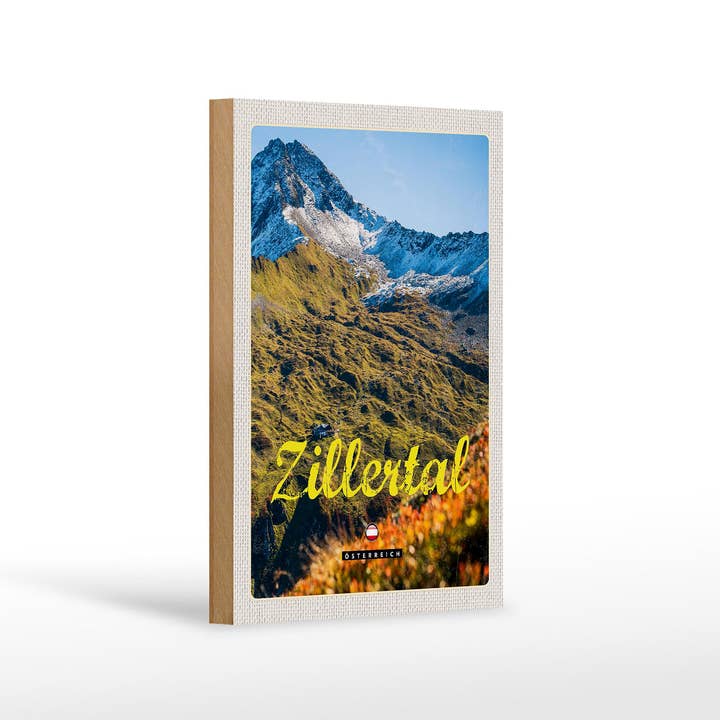 Wooden travel sign 12x18cm Zillertal Austria mountain forests for wholesale by Femer