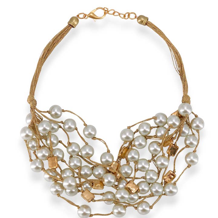 Coastal Pearl Multi Strand Necklace | Gold | Boho Statement for wholesale by Bijoux Envie Statement Jewelry
