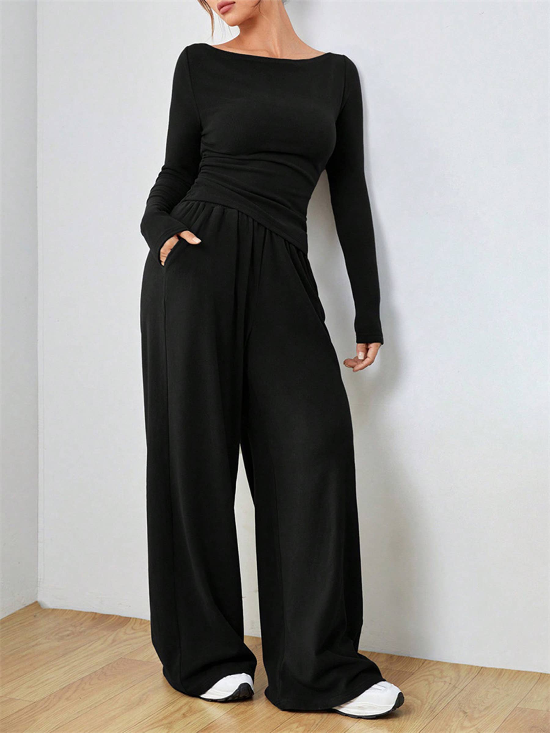 Wholesalesir - Vente Ensemble haut et pantalon (PAS d'intérieur) - Femme - Ensemble deux pièces avec haut uni et pantalon à jambes larges0