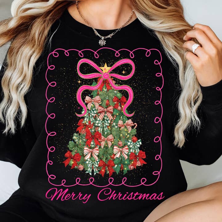 DLT Ecommerce - Wholesale T-Shirt (Graphic) - Women's - Christmas Tree Bow Shirt, Coquette Christmas 2025 Sweatshirt1