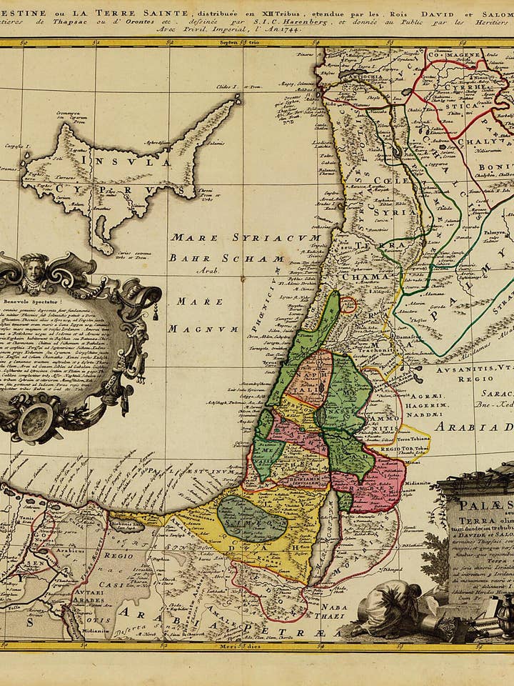 Palaestina Seu Terra Olim Sancta Tum Duodecim Tribubus Distributa Tum a Davide Et Salomone 1744 for wholesale by Relic Map Co.
