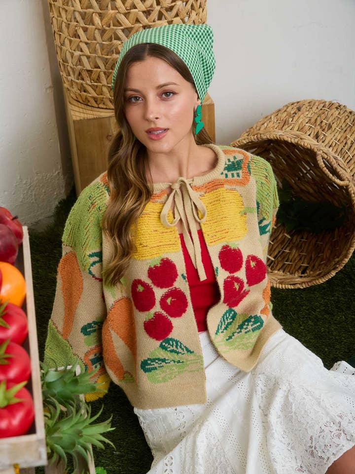 VEGGIE PATTERN NECK TIE KNIT CARDIGAN SWEATER for wholesale by Blu Pepper