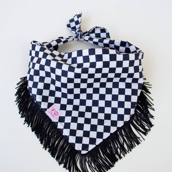 Velvet Outlaw - Wholesale Pet Bandana - Dog - Black & White Checker Fringe Dog Bandana3
