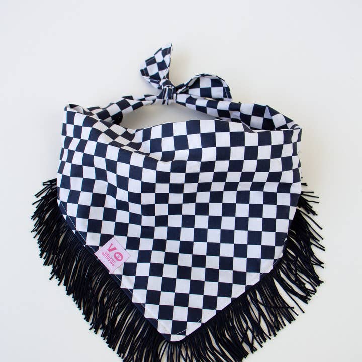 Velvet Outlaw - Wholesale Pet Bandana - Dog - Black & White Checker Dog Bandana with Fringe - Pet Accessories5