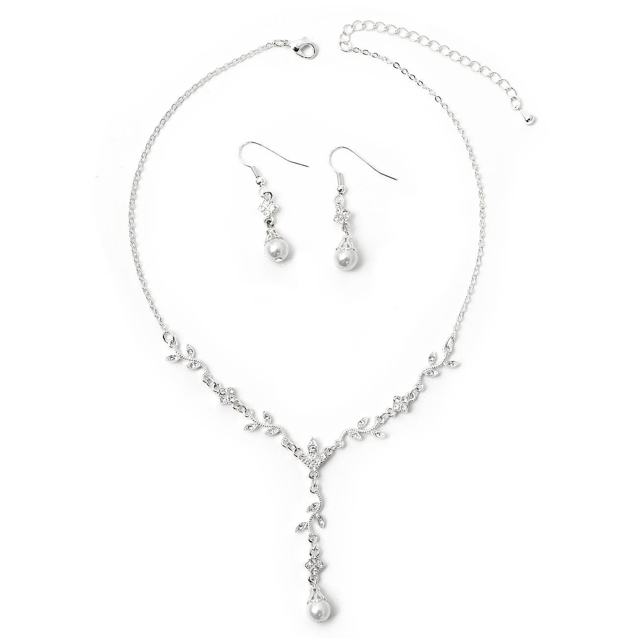 Cool Crystals - Wholesale Jewelry Set - Silver Crystal Rhinestone V Flower Branch Pearl Jewelry Set0