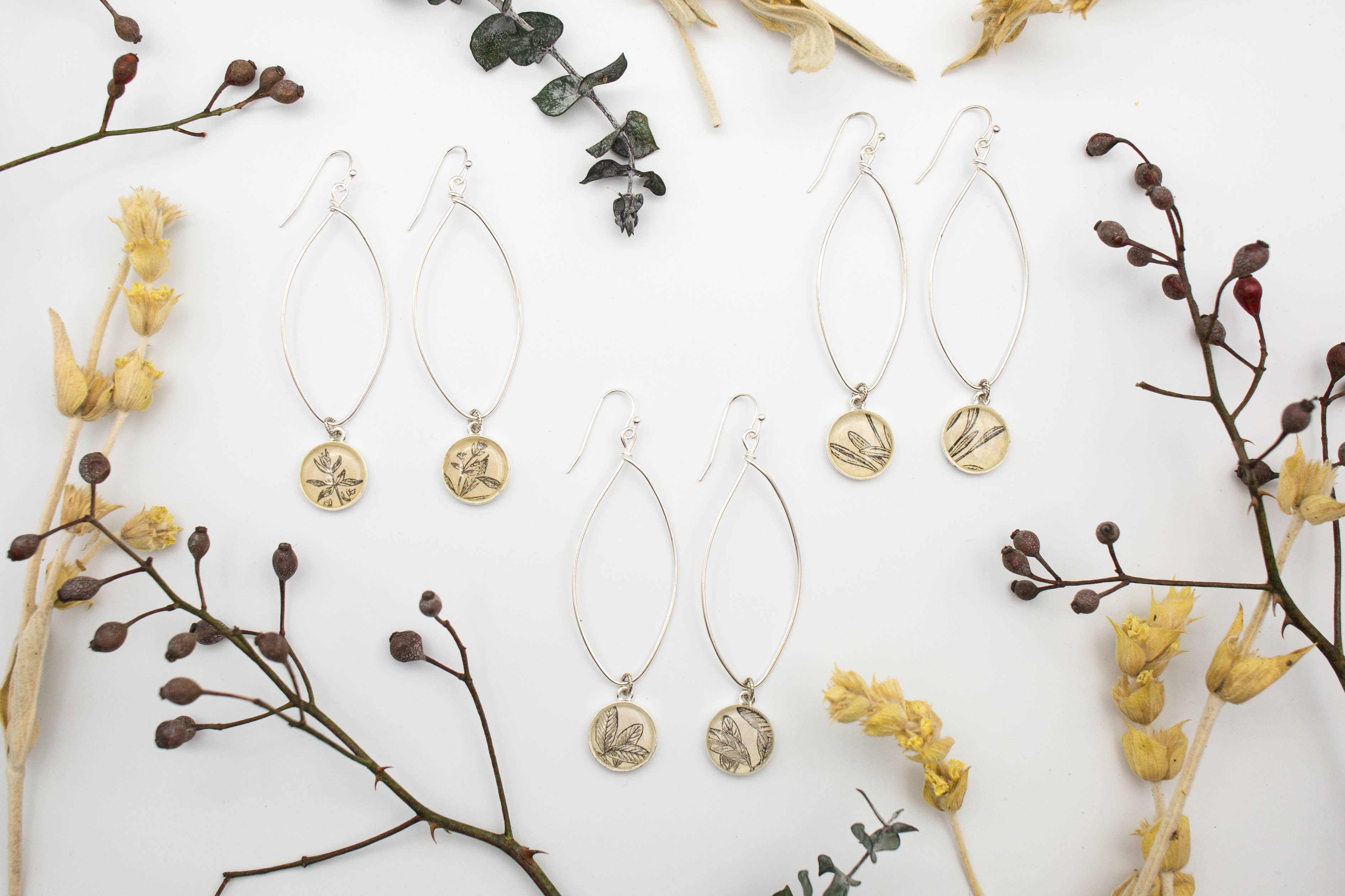 joeyfivecents - Wholesale Dangle Earrings - Silver Navette Drop Earrings - b&w botanicals , garden3