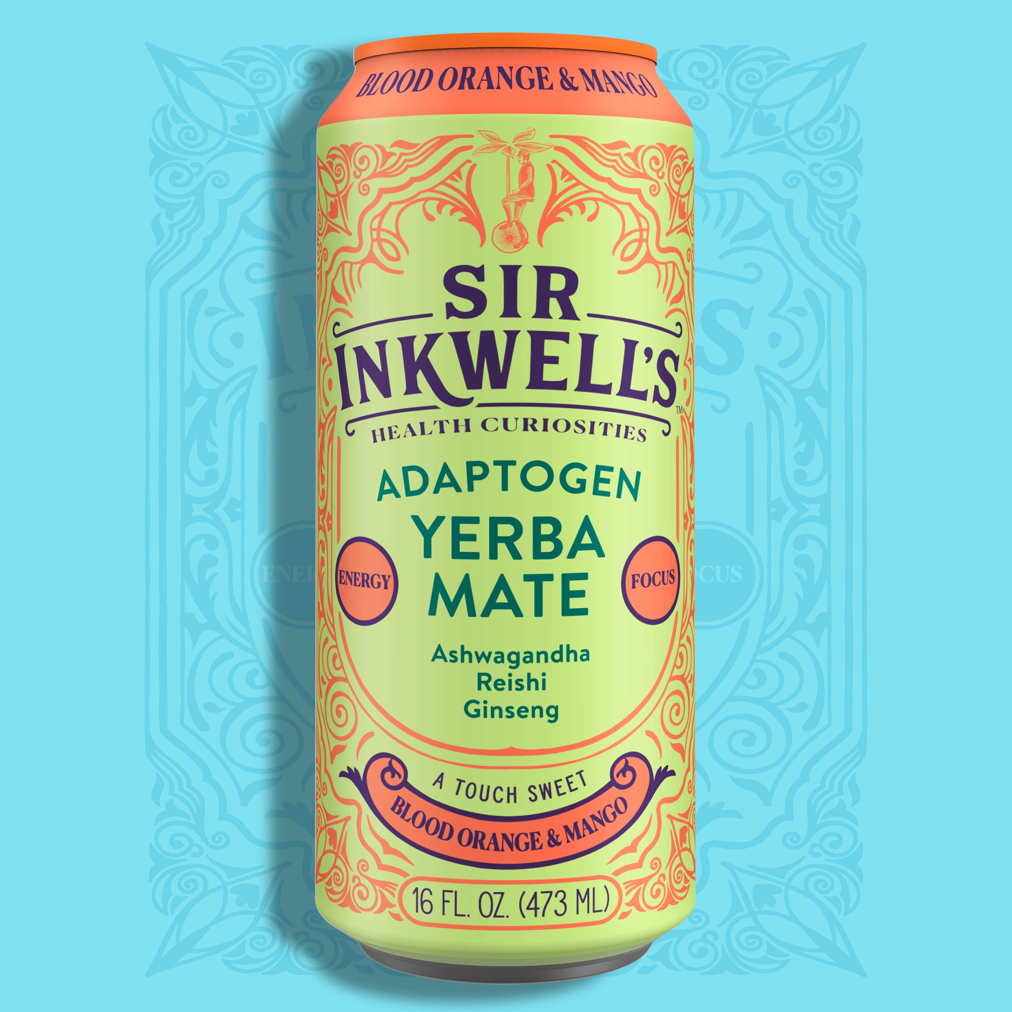 Sir Inkwell's Health Curiosities - Wholesale Health/Detox Tea - Adaptogen Infused Blood Orange & Mango Yerba Mate (12 Cans)1