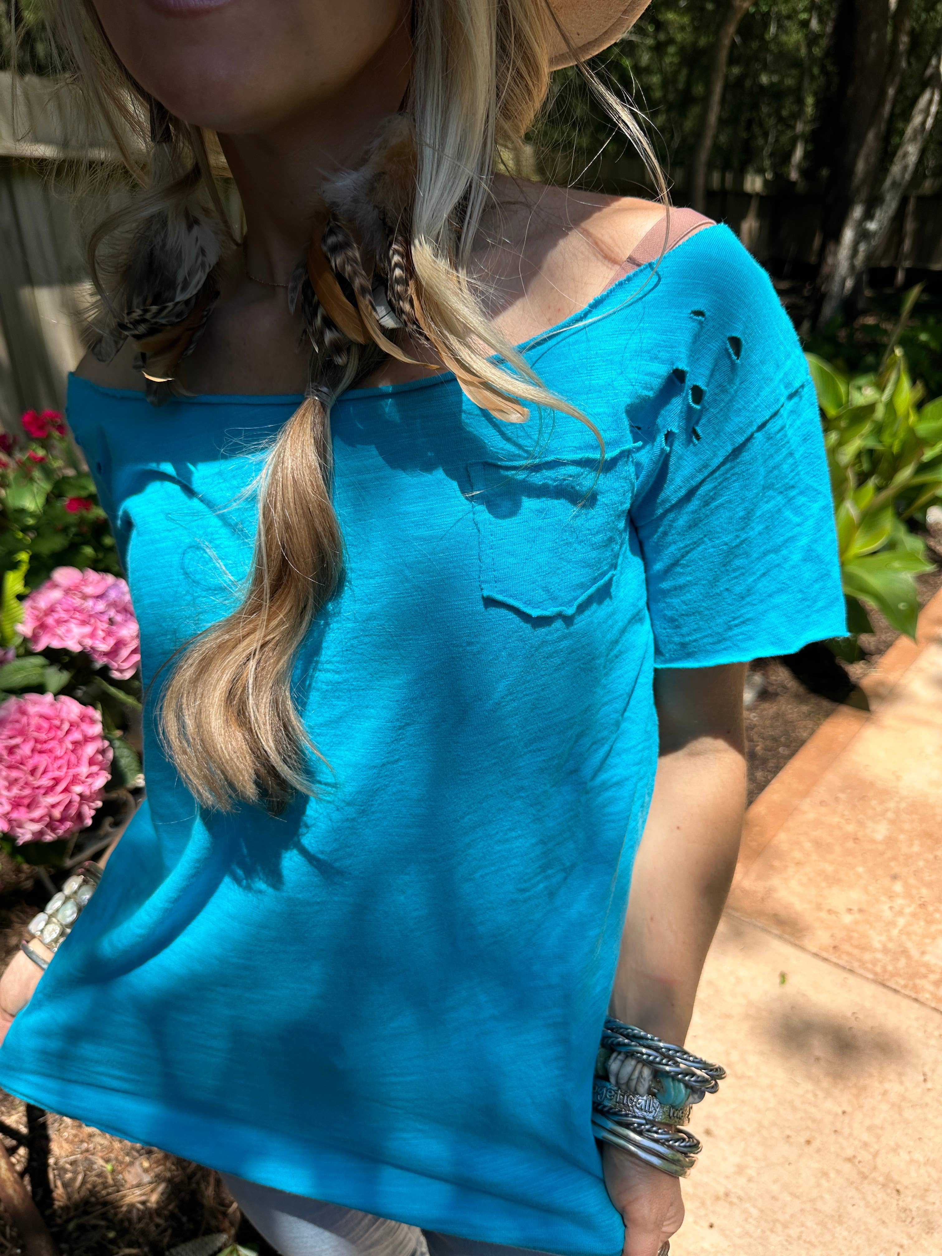 A Rare Bird Shop - Wholesale T-Shirt - Women's - Electric Blue Rip Tattered Shirt4