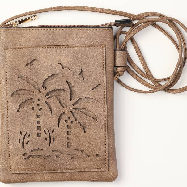 Taupe - Palm Tree lacer cut crossbody cellphone bag for wholesale by Shine Mark Accessories