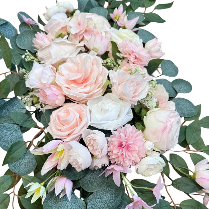 Sun Decorer – wholesale Konstgjorda blommor – Bröllopsbåge Blomstersväng Set – 2-delad konstgjord blomsterarrangemang med rosa & vita rosor, eukalyptus – Elegant evenemangsdekor
